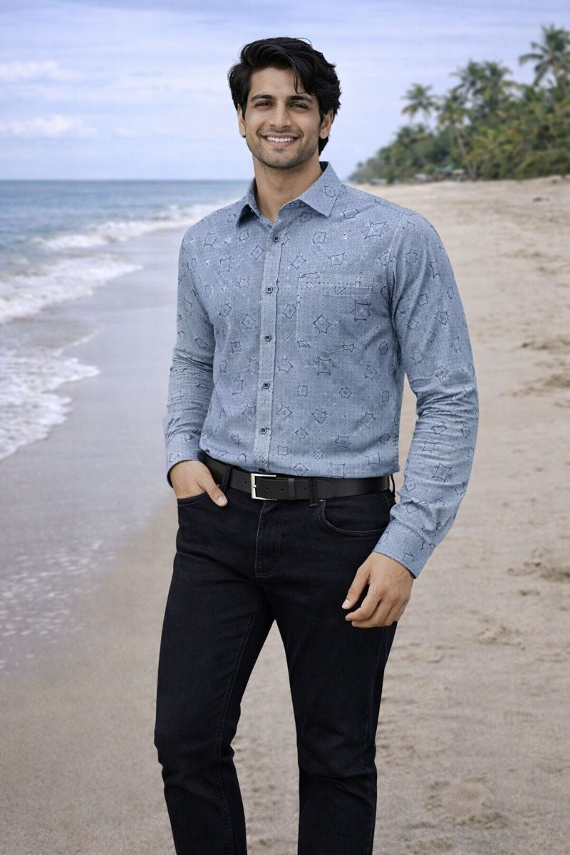 Men’s Grey Printed Full Sleeve Shirt with Pocket