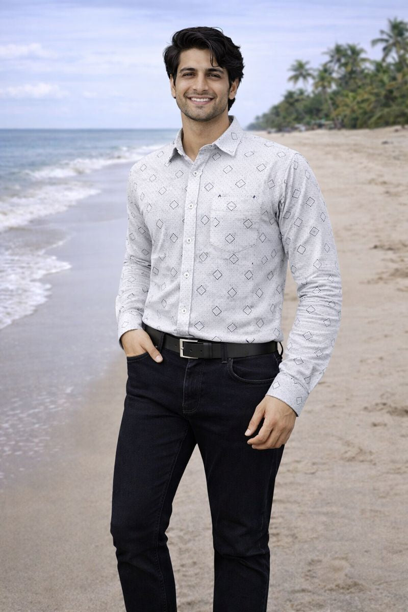 Men’s White & Navy Printed Full Sleeve Shirt with Pocket