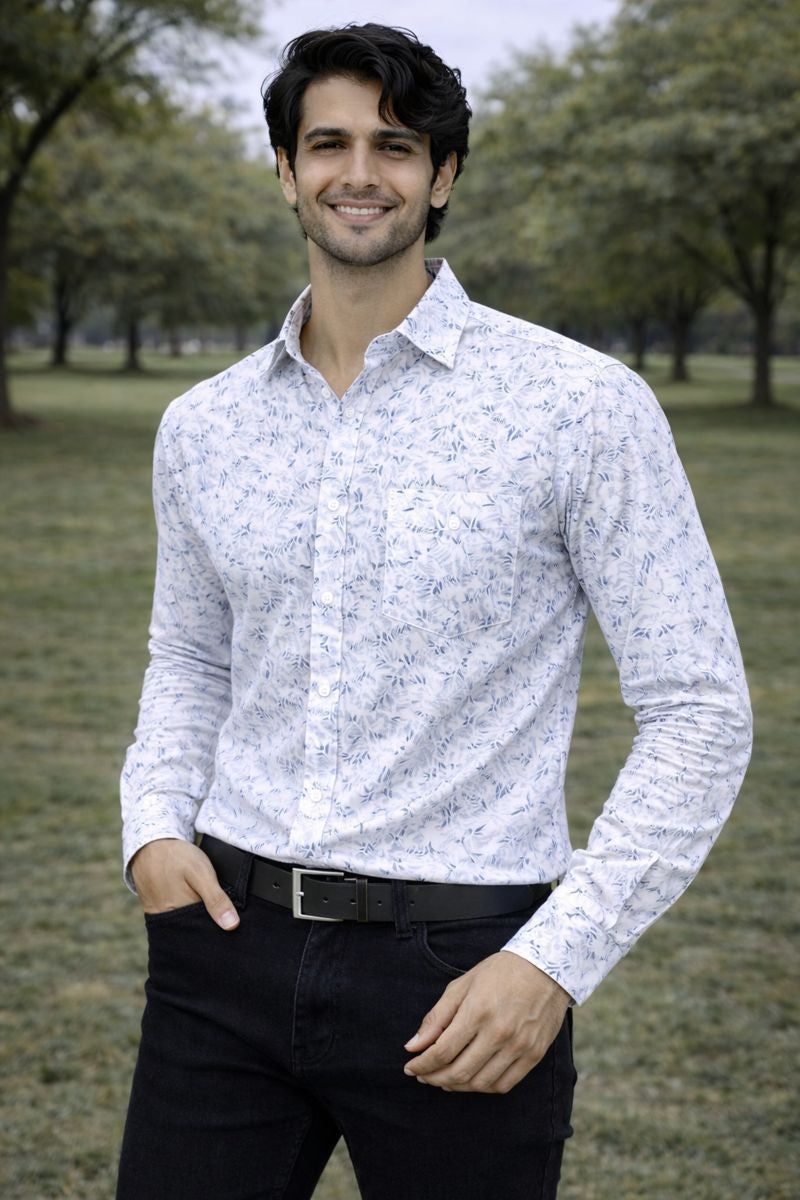 Men’s White & Grey Full Sleeve Shirt with Pocket