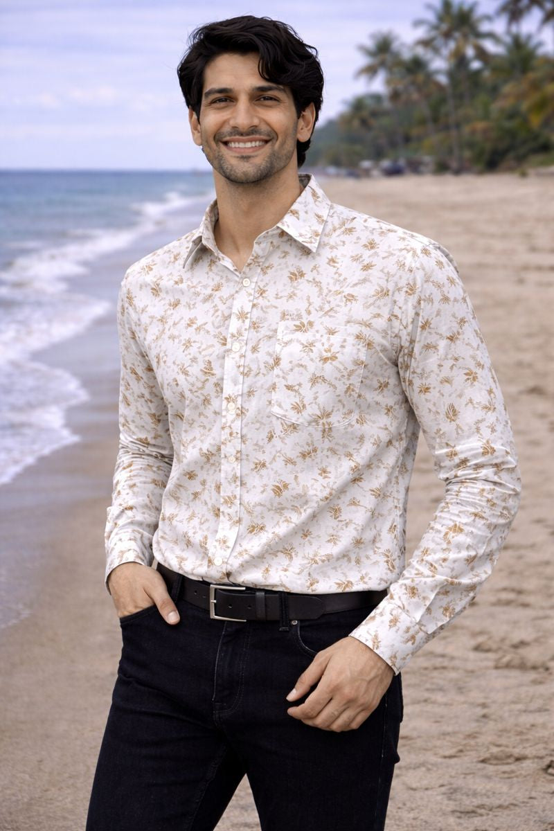 Men’s White & Brown Full Sleeve Shirt with Pocket