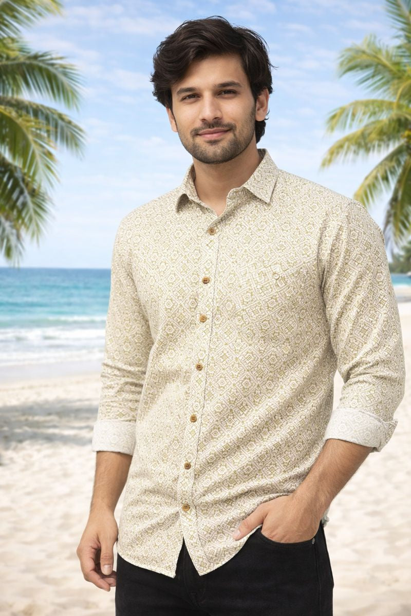 Men’s Green Full Sleeve Printed Casual Shirt with Chest Pocket