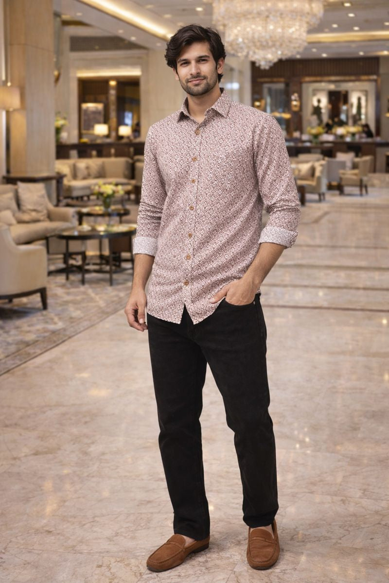 Men’s Maroon Full Sleeve Printed Casual Shirt with Chest Pocket