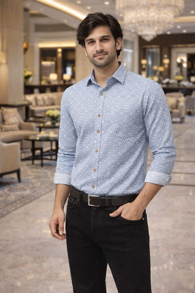 Men’s Sky Blue Full Sleeve Printed Casual Shirt with Chest Pocket