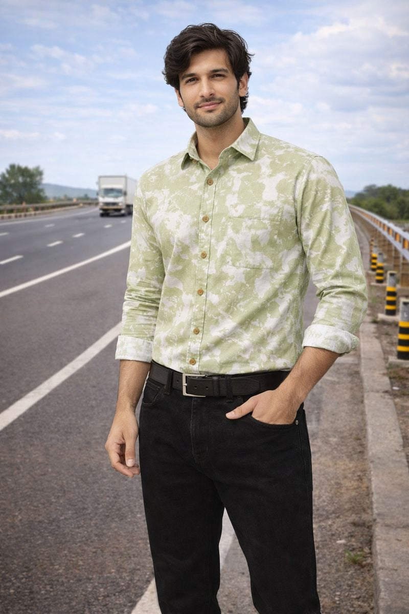 Men’s Light Green Full Sleeve Printed Casual Shirt with Chest Pocket