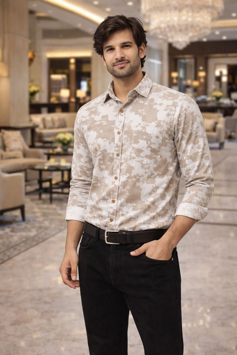 Men’s Light Brown Full Sleeve Printed Casual Shirt with Chest Pocket