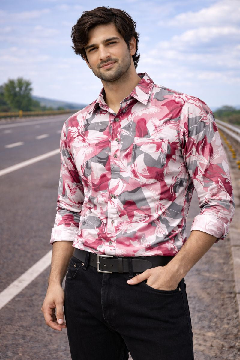 Men’s Maroon & White Full Sleeve Printed Casual Shirt with Chest Pocket