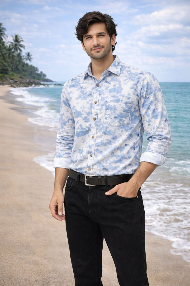 Men’s Blue & White Full Sleeve Printed Casual Shirt with Chest Pocket