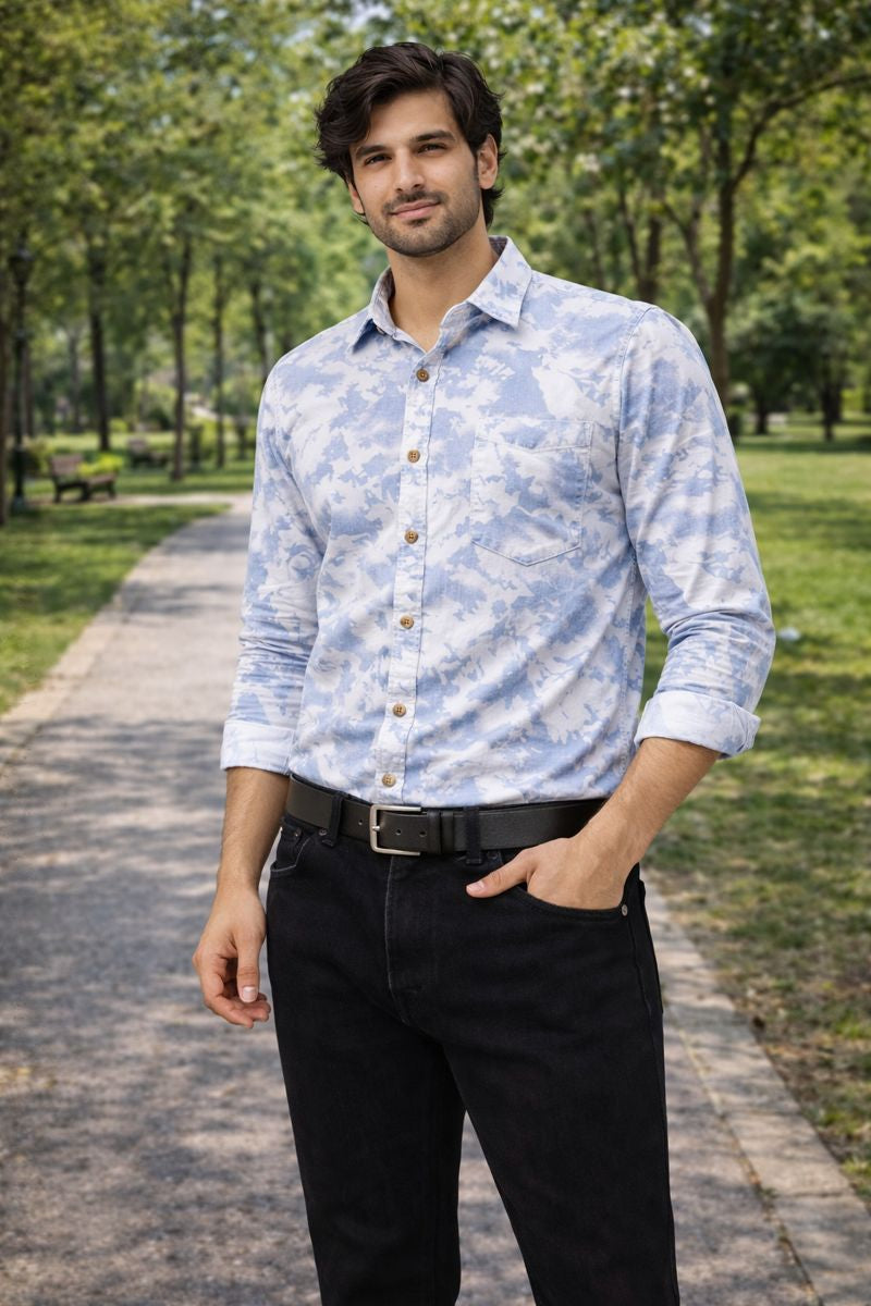 Men’s White & Light Blue Full Sleeve Printed Casual Shirt with Chest Pocket