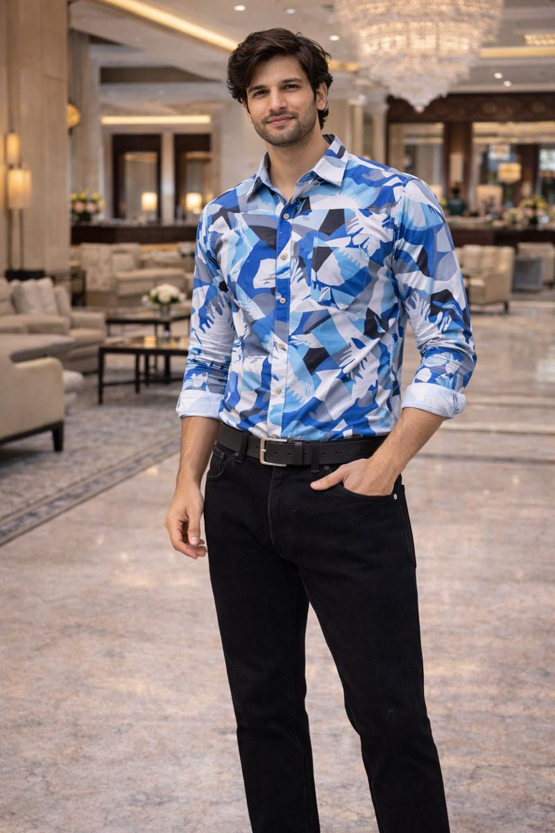 Men’s White & Sky Blue Full Sleeve Printed Casual Shirt with Chest Pocket