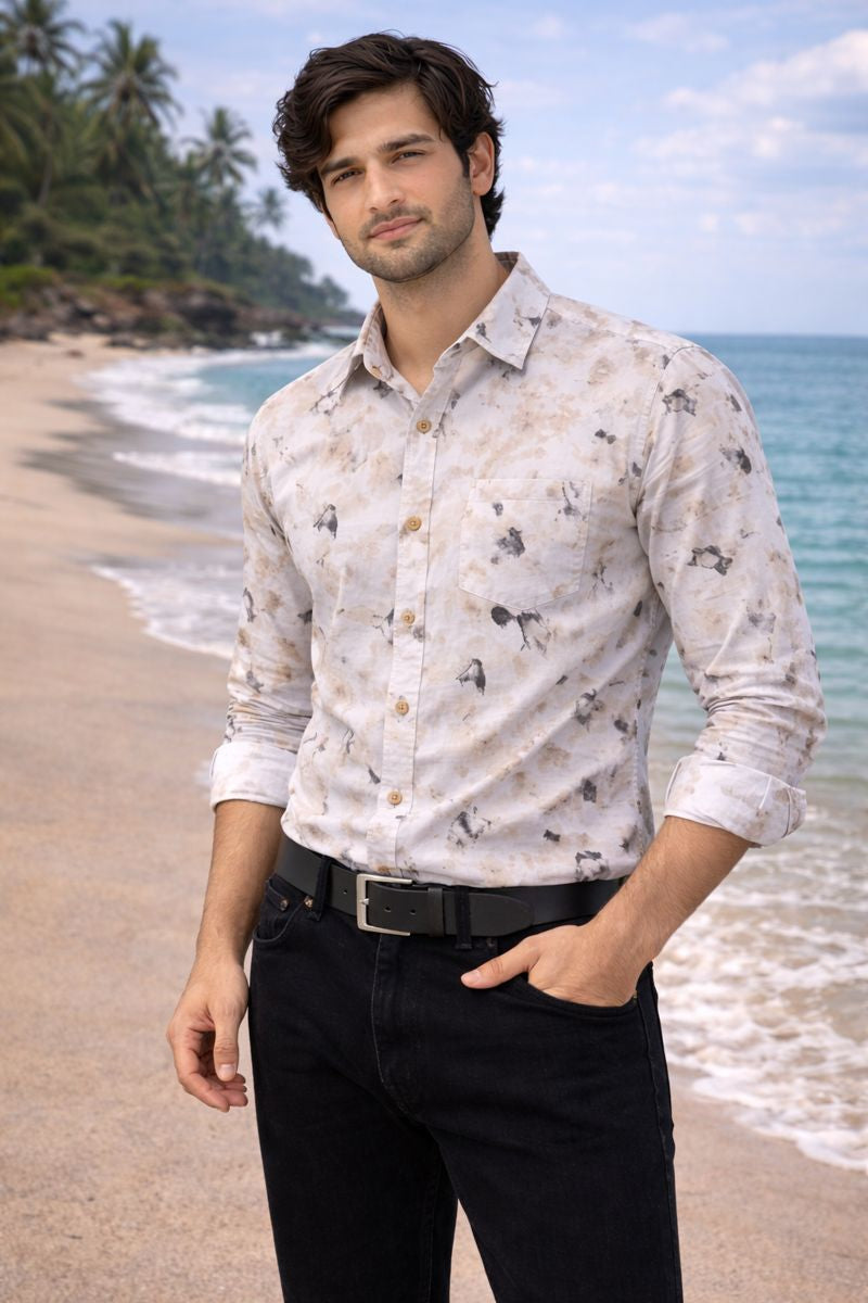 Men’s White & Gray Full Sleeve Printed Casual Shirt with Chest Pocket