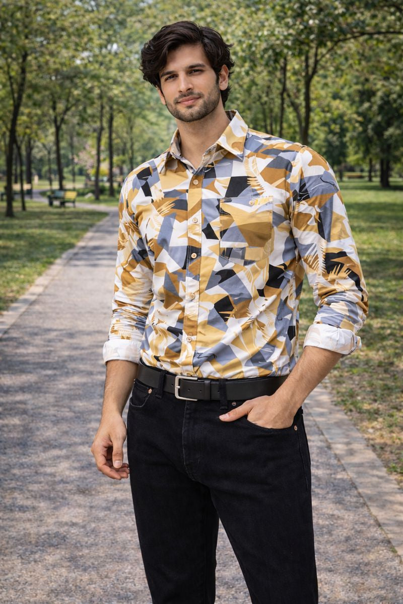 Men’s White & Light Brown Full Sleeve Printed Casual Shirt with Chest Pocket