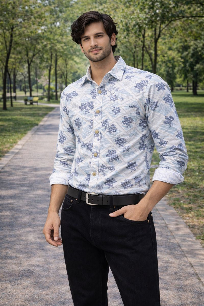Men’s White & Sea Green Full Sleeve Printed Casual Shirt with Chest Pocket