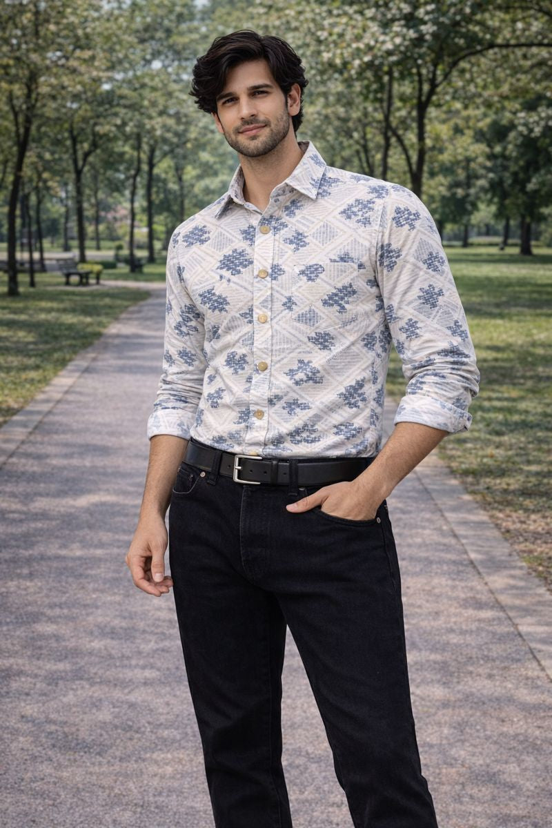 Men’s White & Yellow Full Sleeve Printed Casual Shirt with Chest Pocket