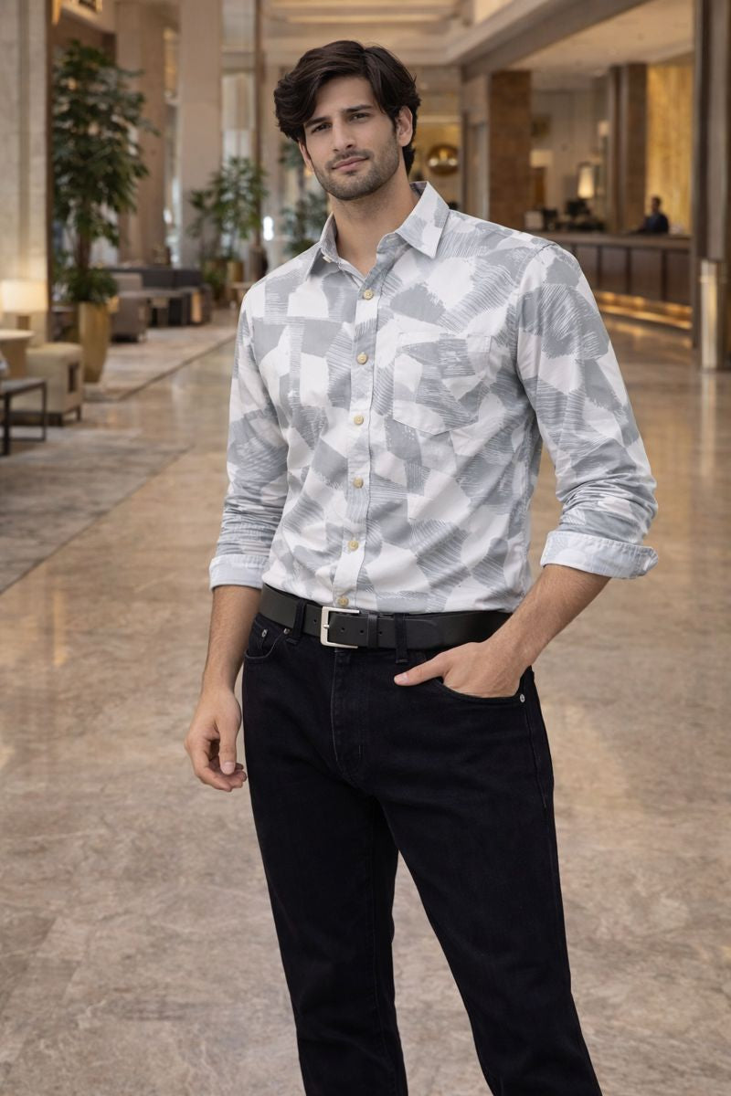 Men’s Ash Full Sleeve Printed Casual Shirt with Chest Pocket
