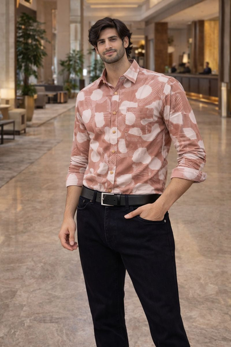 Men’s Peach Full Sleeve Printed Casual Shirt with Chest Pocket