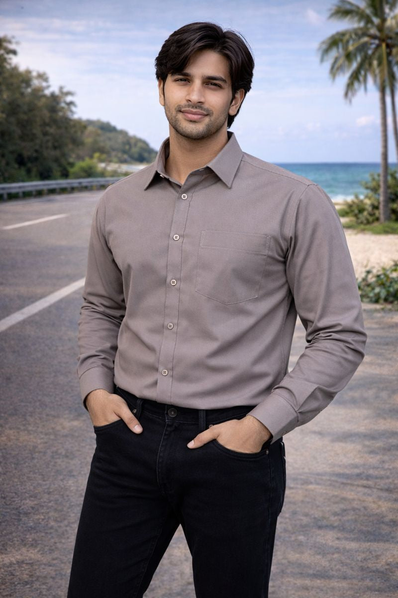 Men’s Light Brown Full Sleeve Solid Casual Shirt