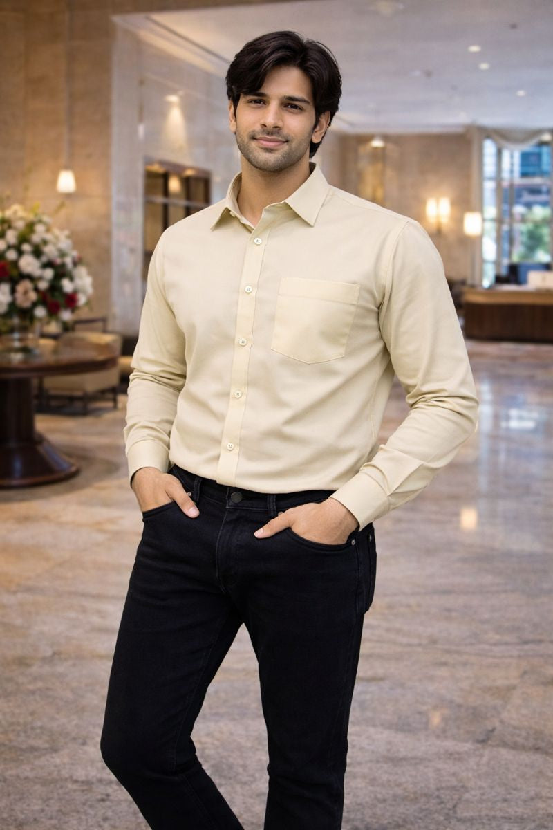 Men’s Light Yellow Full Sleeve Solid Casual Shirt