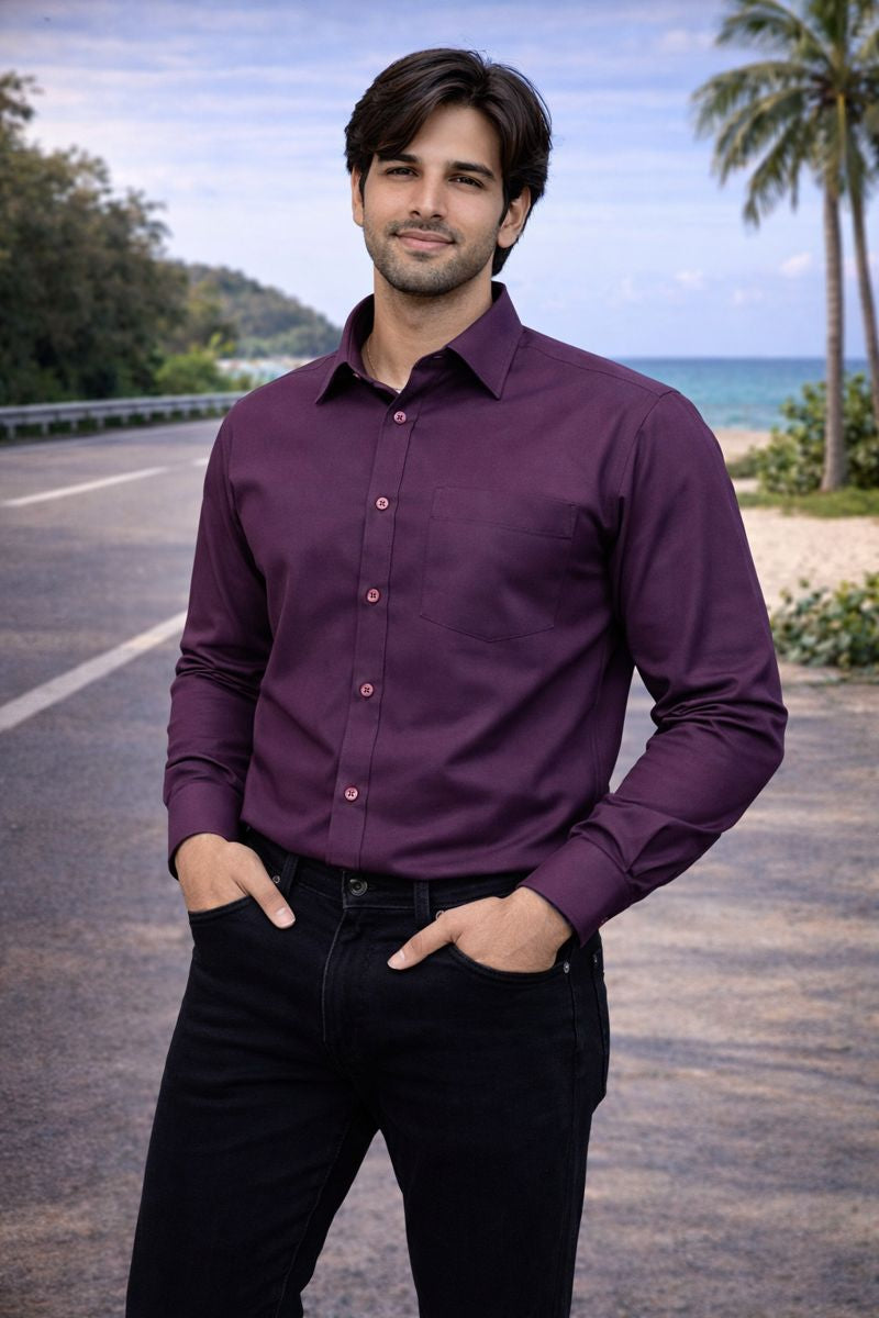 Men’s Dark Purple Full Sleeve Solid Casual Shirt