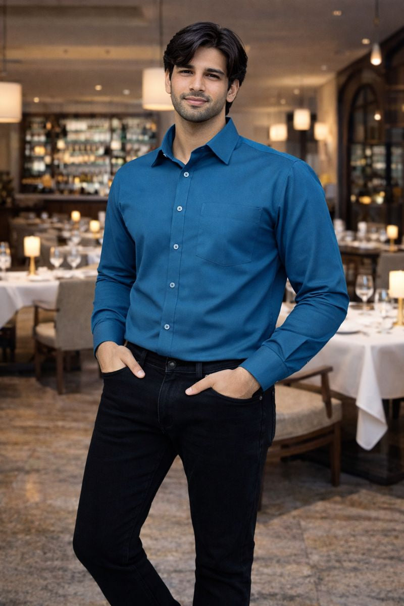 Men’s Greenish Blue Full Sleeve Solid Casual Shirt