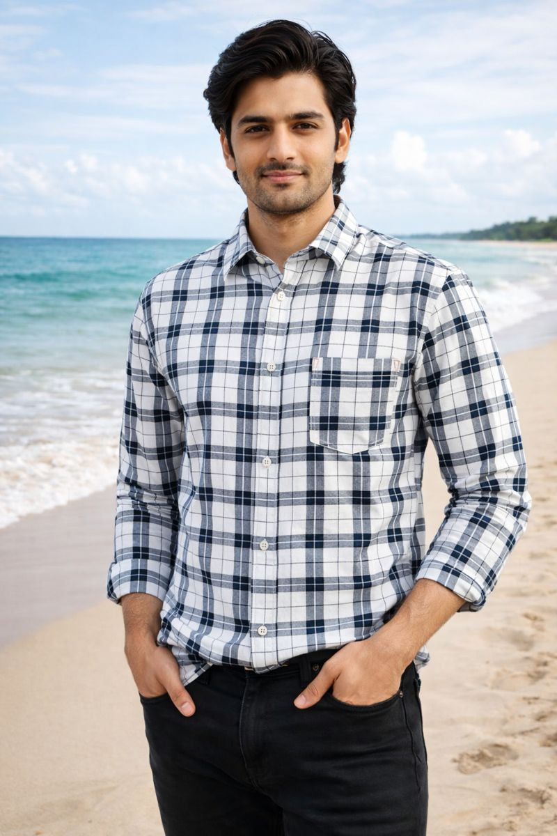 Men’s White & Black Full Sleeve Checked Shirt with Chest Pocket