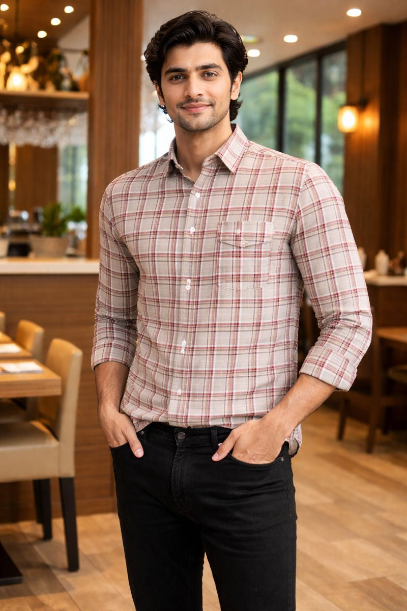 Men’s Red & Cream Full Sleeve Checked Shirt with Chest Pocket