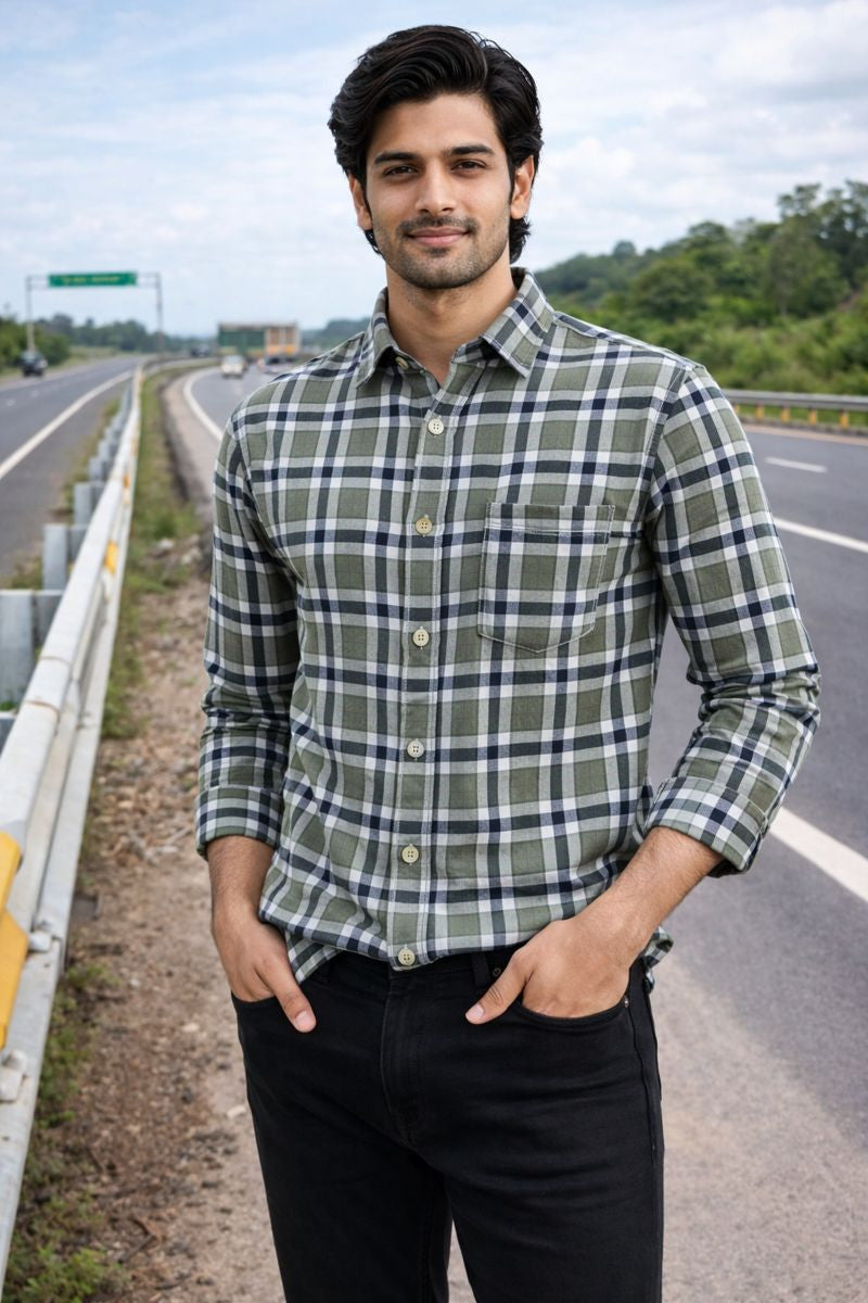 Men’s Green & Blue Full Sleeve Checked Shirt with Chest Pocket