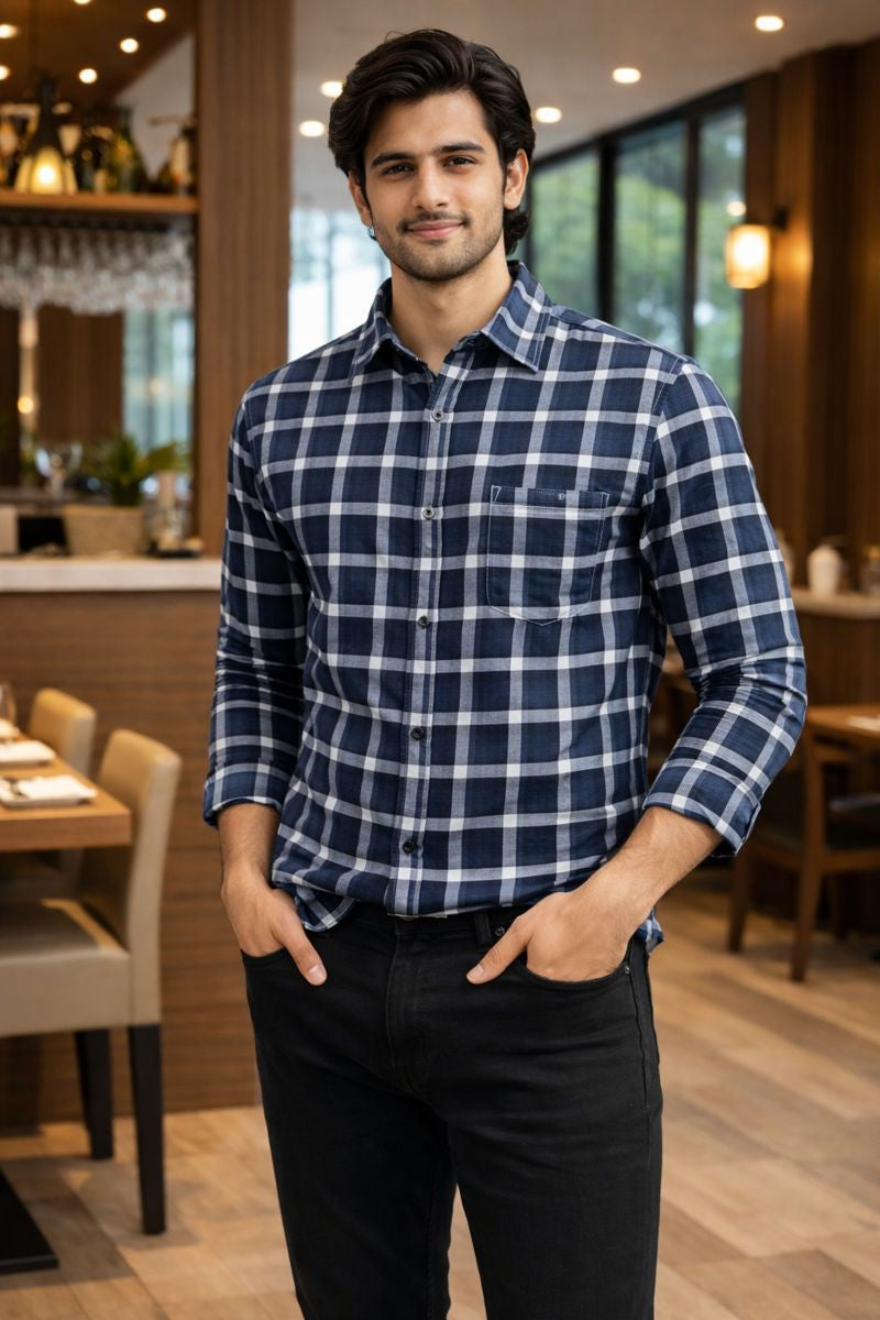 Men’s Blue & White Full Sleeve Checked Shirt with Chest Pocket