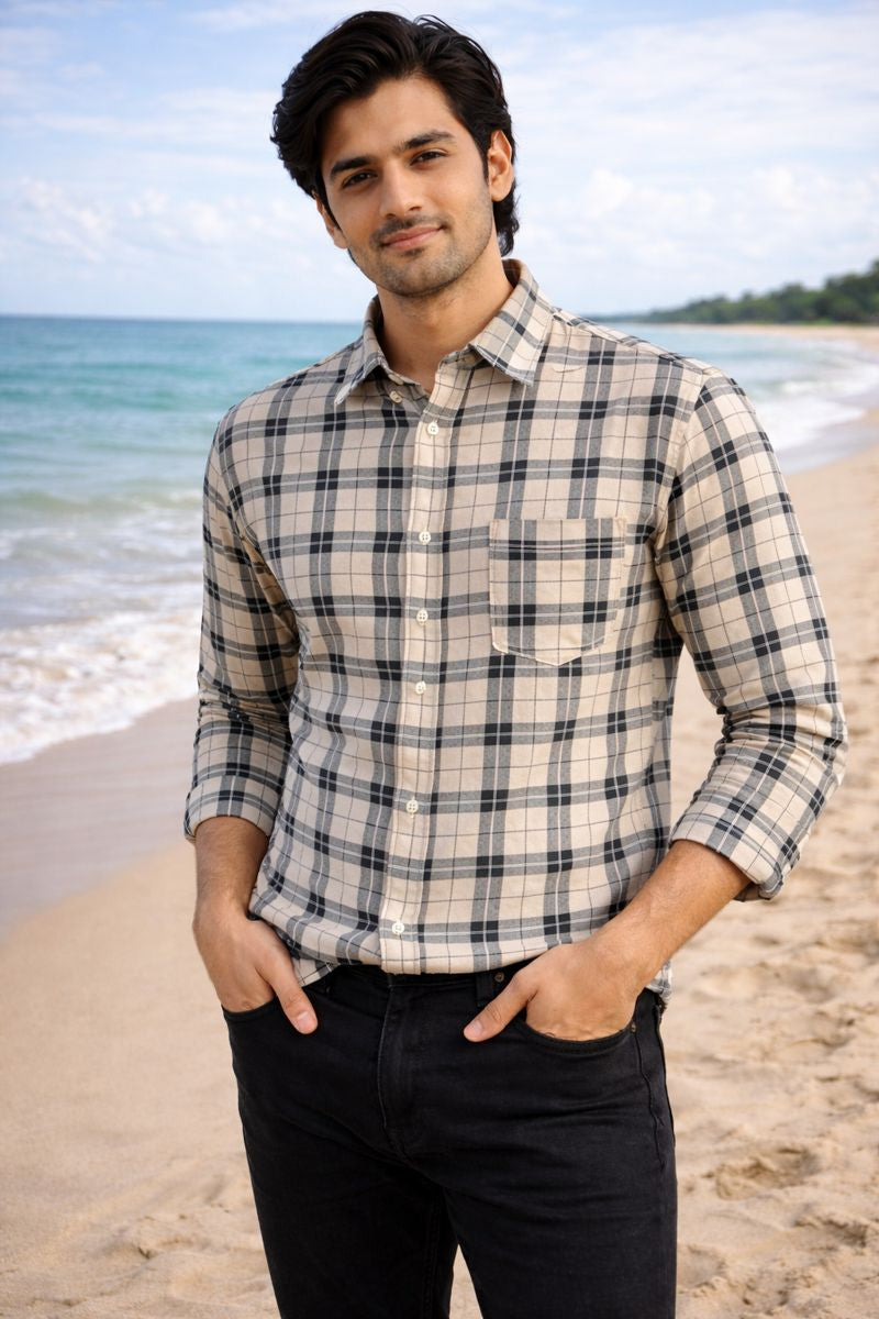Men’s Beige & Black Full Sleeve Checked Shirt with Chest Pocket