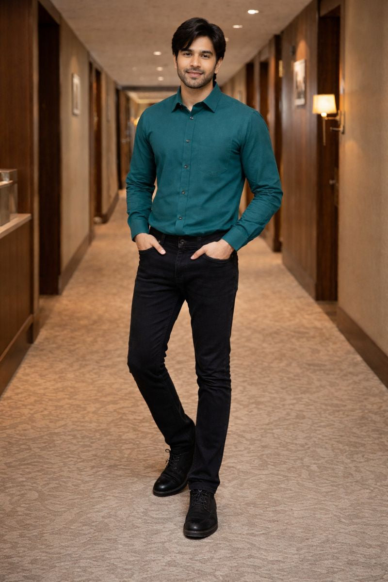 Men’s Dark Green Full Sleeve Solid Casual Shirt