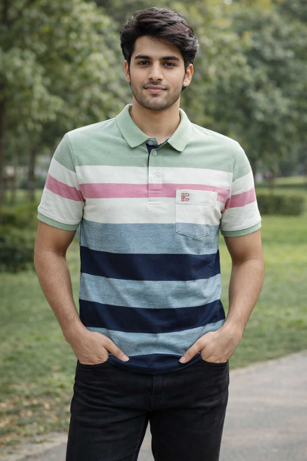 Men’s Green & Red Striped Polo T-Shirt – Half Sleeve Cotton Casual Wear