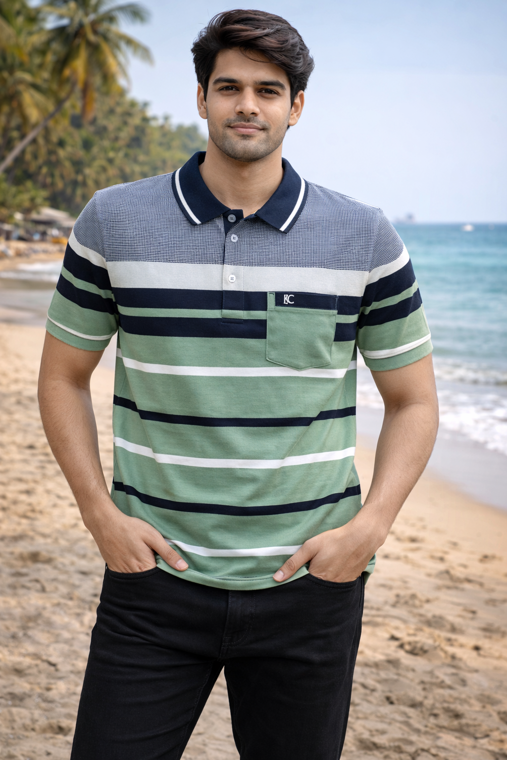 Men’s Black & Green Striped Polo T-Shirt – Half Sleeve Cotton Casual Wear