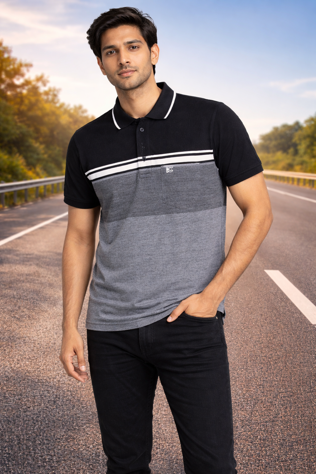 Men’s Black & Light Grey Striped Polo T-Shirt – Half Sleeve Cotton Casual Wear
