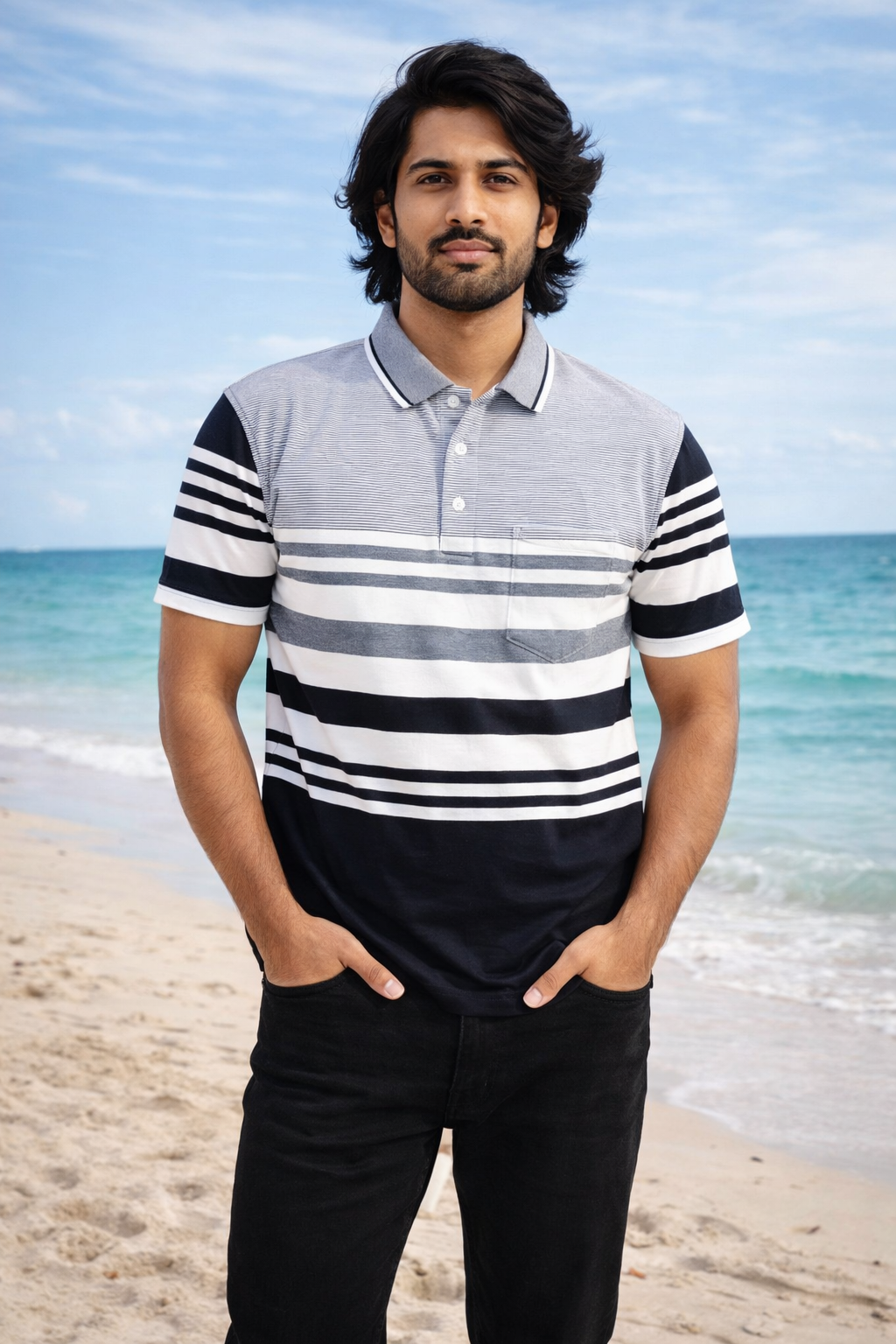 Men’s White & Cream Striped Polo T-Shirt – Half Sleeve Cotton Casual Wear
