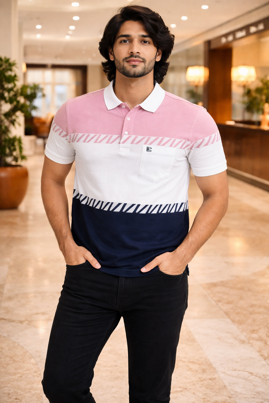 Men’s Pink & White Striped Polo T-Shirt – Half Sleeve Cotton Casual Wear