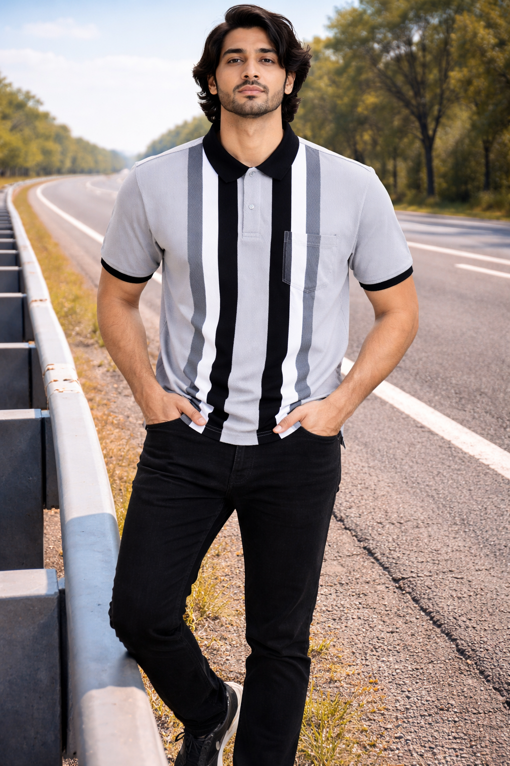 Men’s Black & Grey Striped Polo T-Shirt – Half Sleeve Cotton Casual Wear