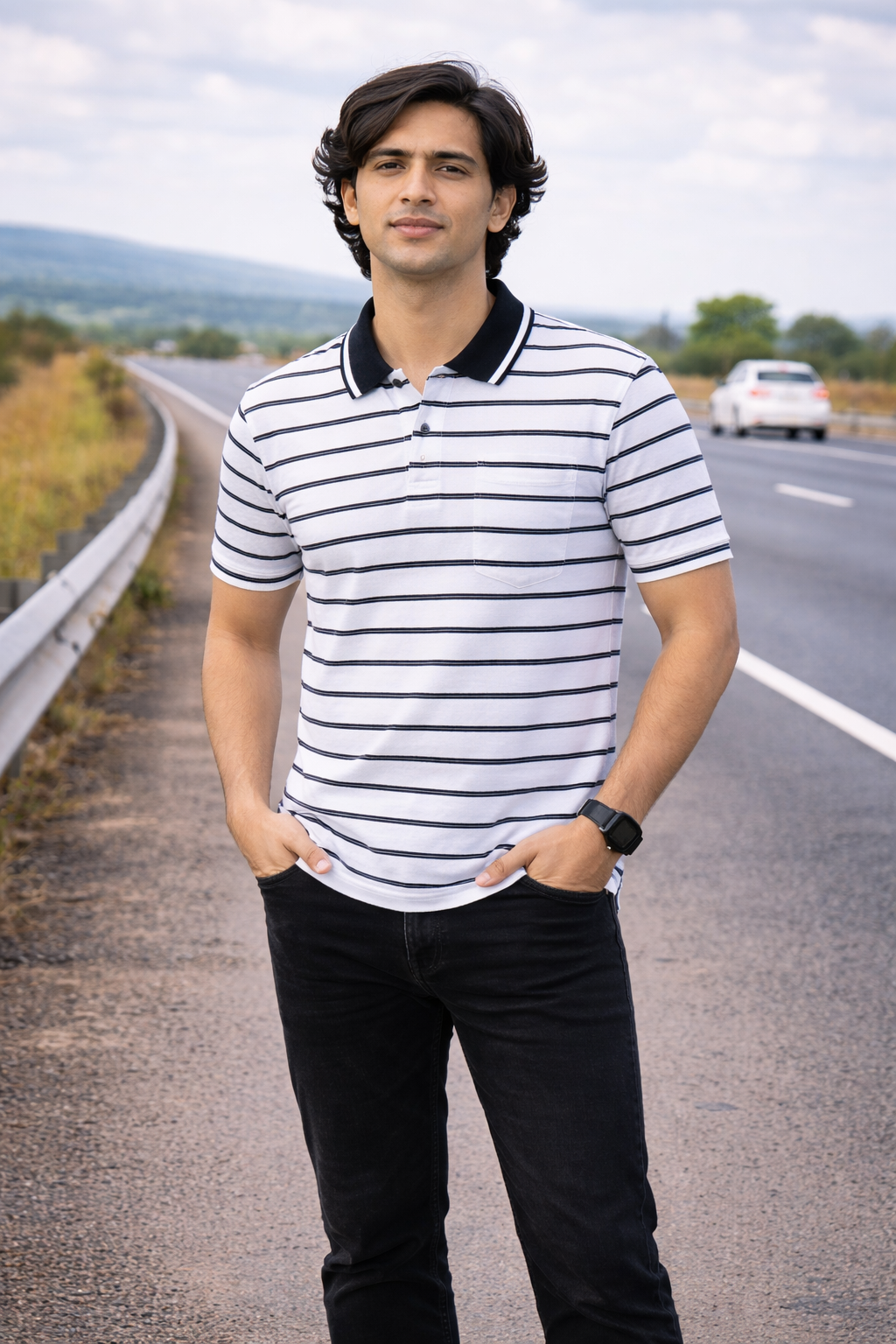 Men’s White & Black Striped Polo T-Shirt – Half Sleeve Cotton Casual Wear