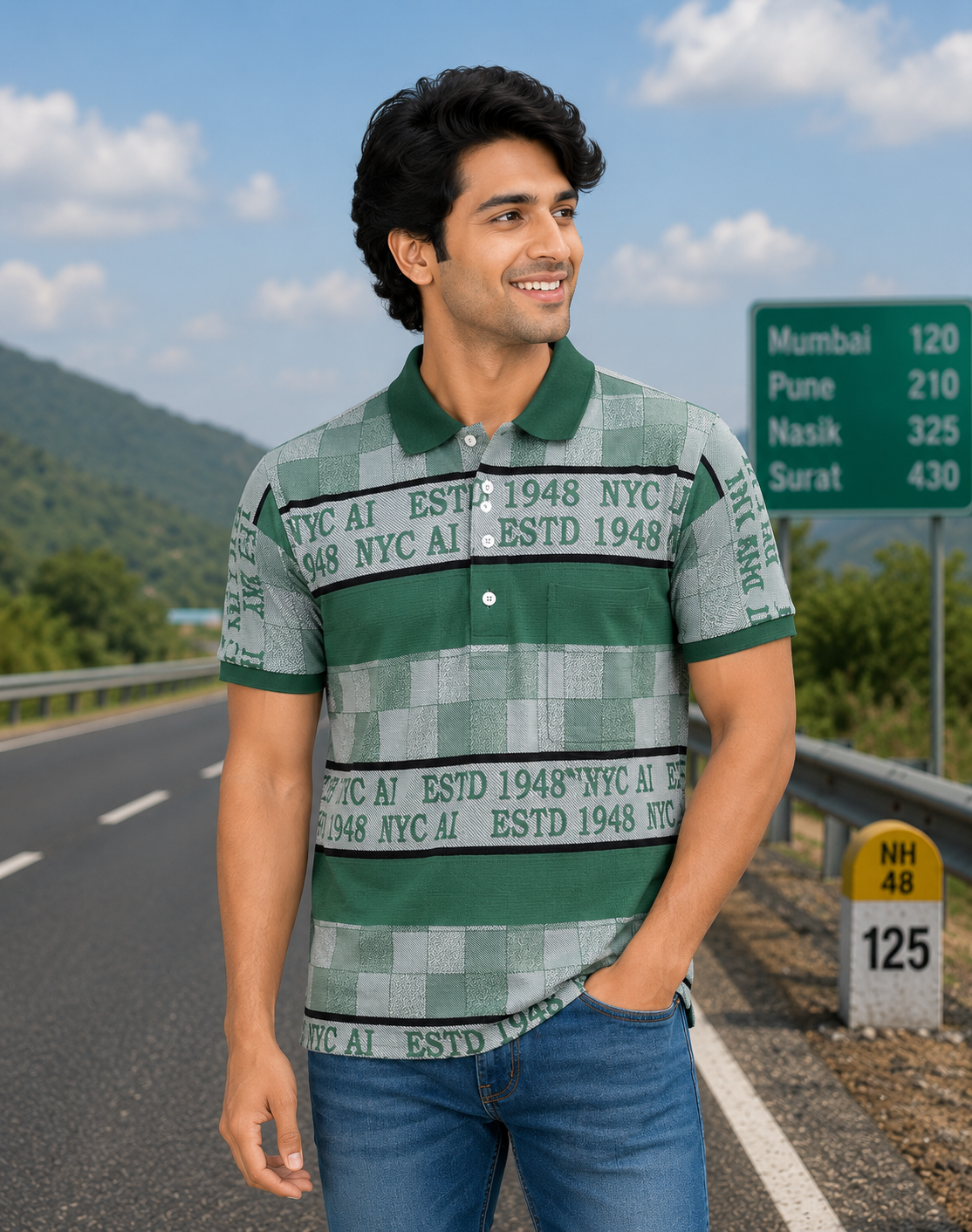 Men’s Green and Light Green Striped Polo T-Shirt – Half Sleeve Cotton Casual Wear