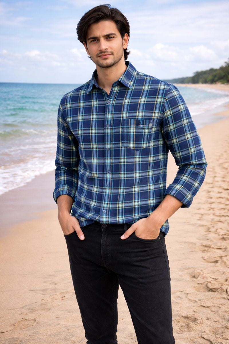 Men’s Blue Full Sleeve Checked Shirt with Chest Pocket