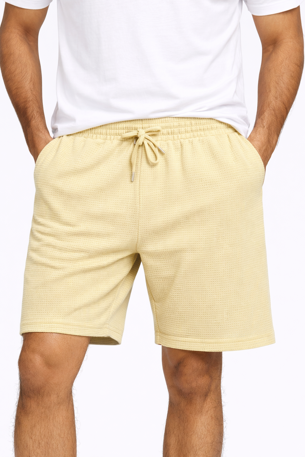 Men’s Cream Textured Casual Shorts – Elastic Waist Drawstring | Summer Comfort Fit Shorts