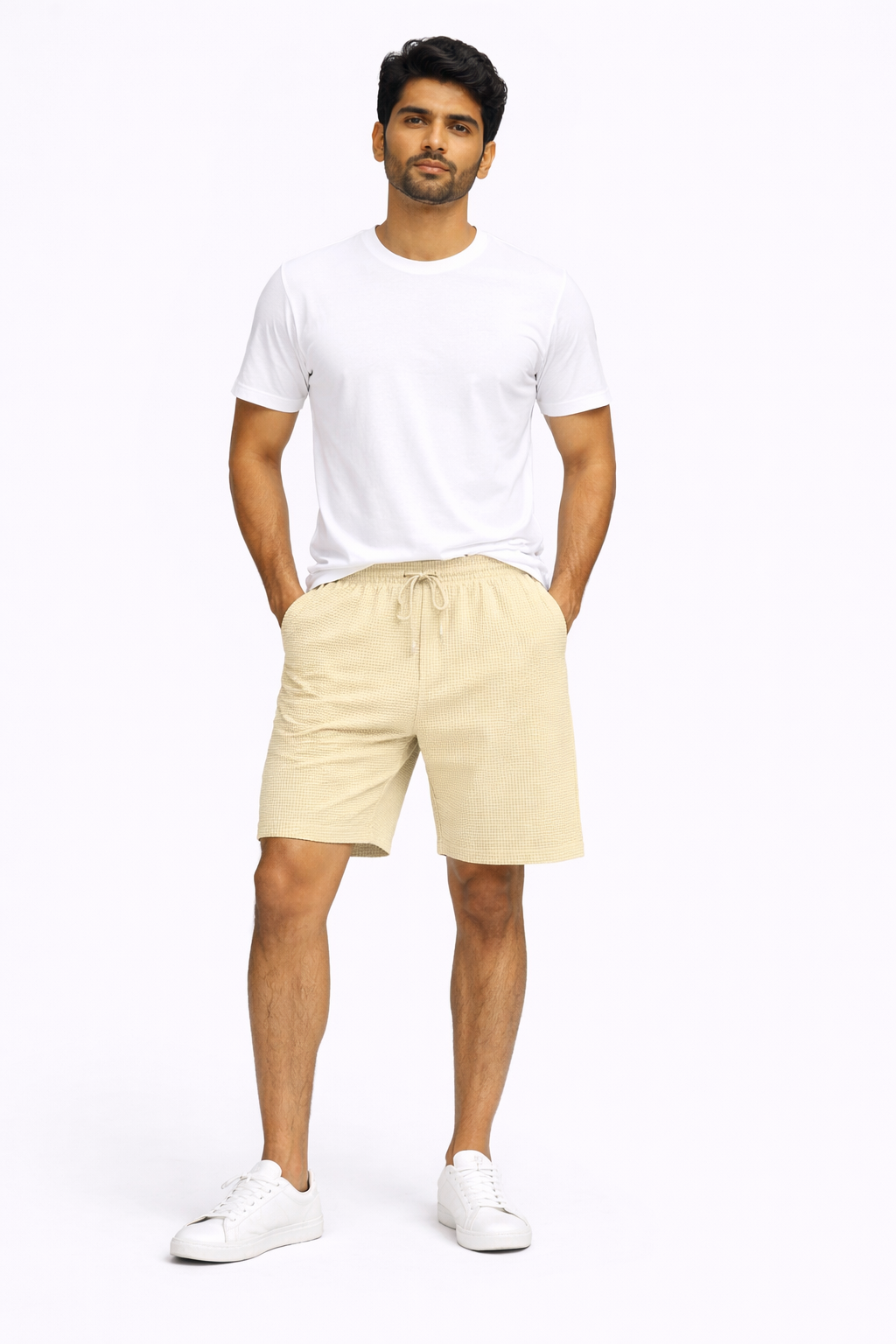 Men’s Cream Textured Casual Shorts – Elastic Waist Drawstring | Summer Comfort Fit Shorts
