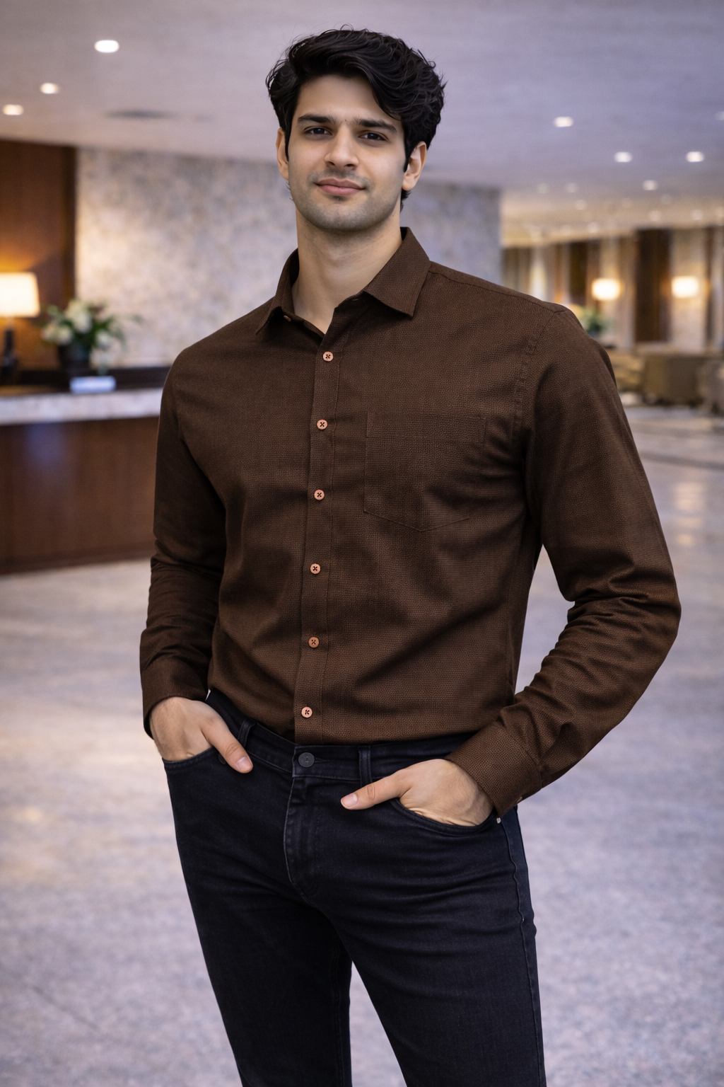 Men Dark Brown Full Sleeve Shirt