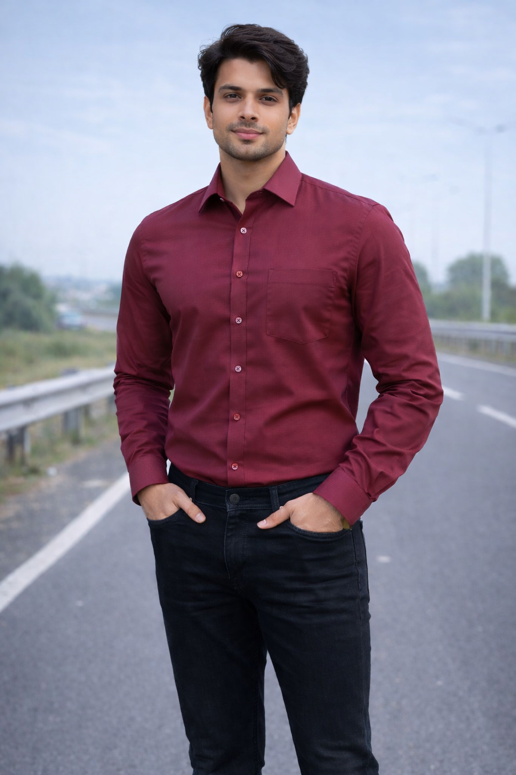 Men Dark Pink Full Sleeve Shirt