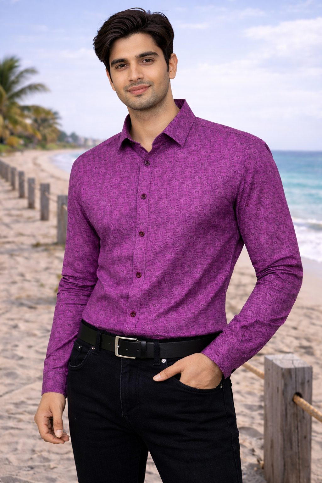 Men Purple Printed Full Sleeve Shirt