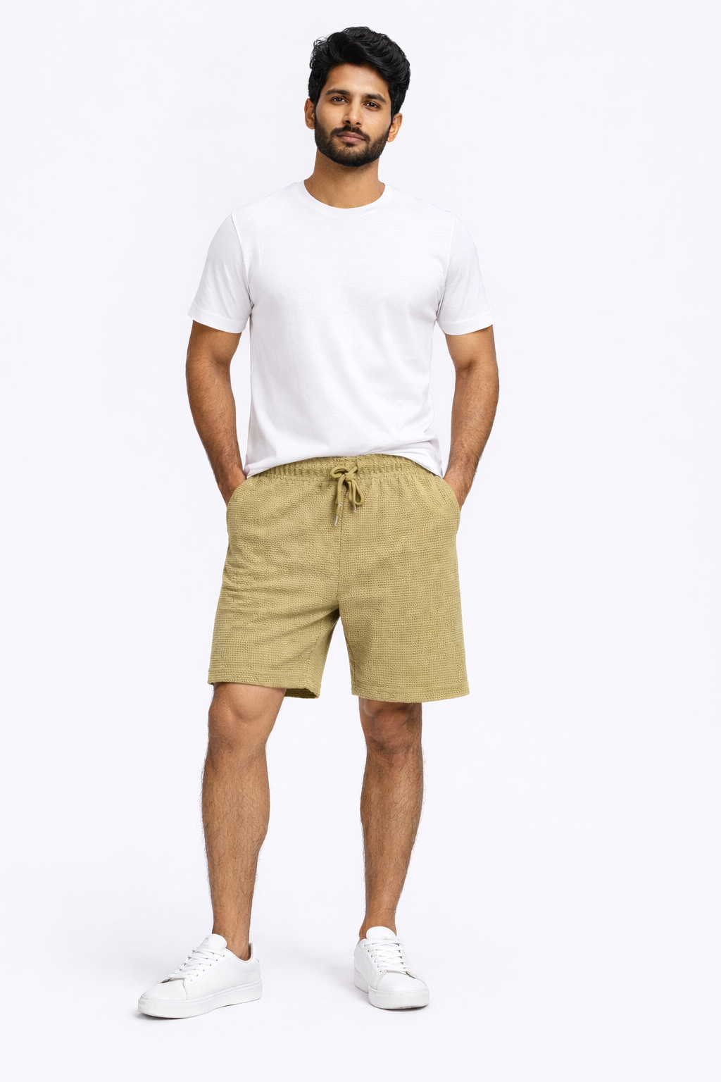 Men’s Green Textured Casual Shorts – Elastic Waist Drawstring | Summer Comfort Fit Shorts