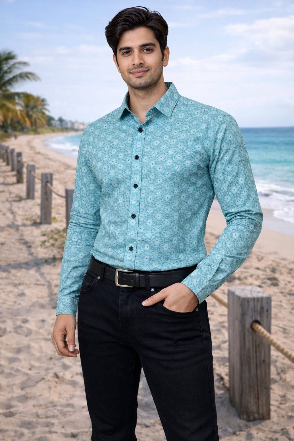 Men Greenish Blue Printed Full Sleeve Shirt