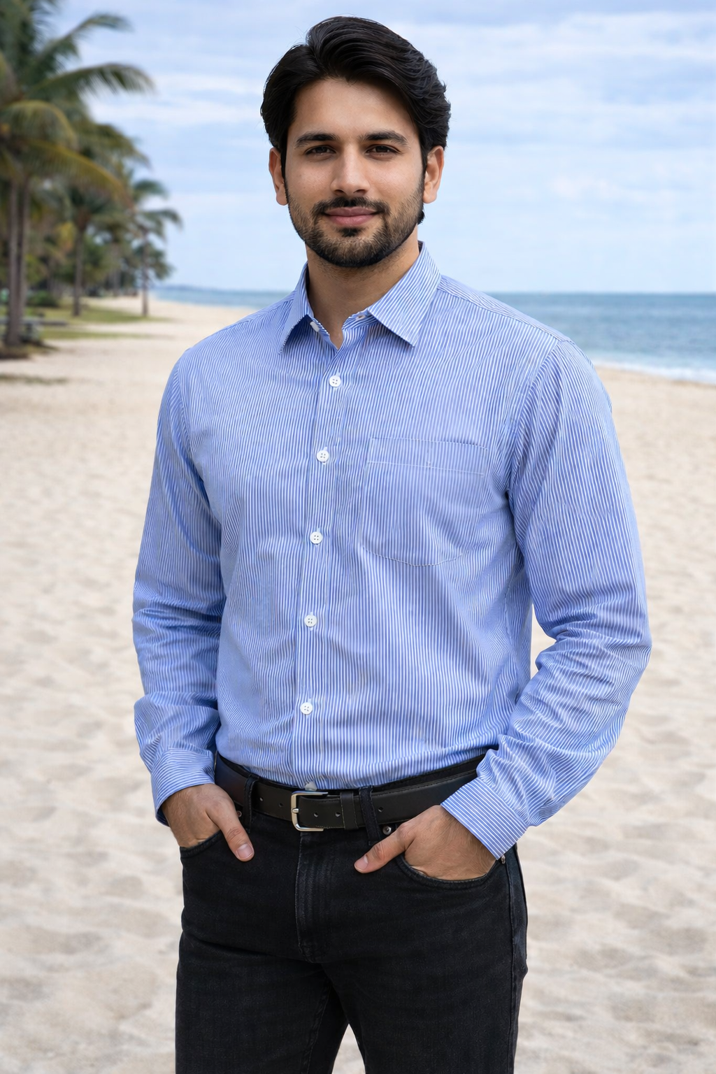 Men’s Blue & White Striped Full Sleeve Cotton Shirt