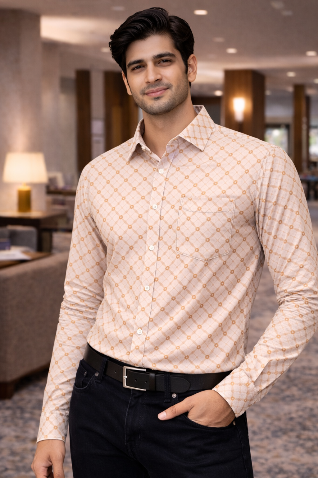 Men Light Cream Printed Full Sleeve Shirt