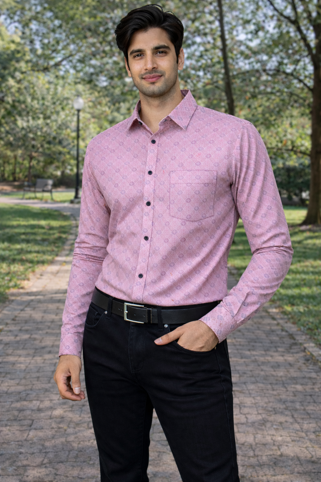 Men Light Pink Printed Full Sleeve Shirt