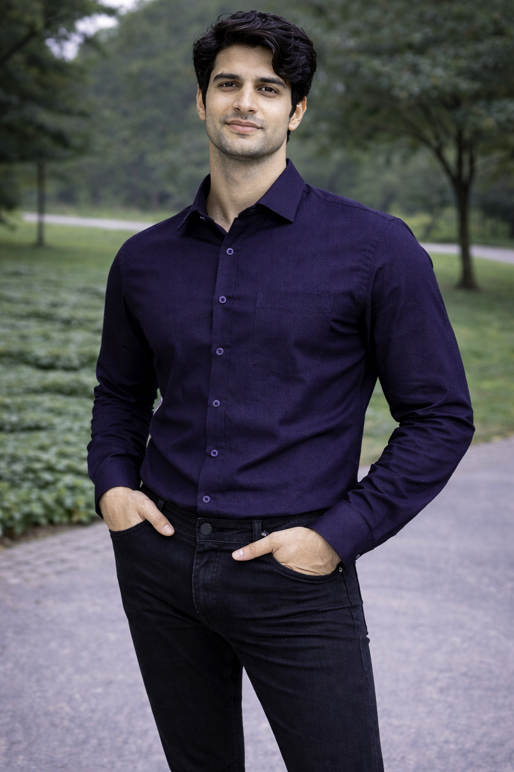 Men Navy Blue Full Sleeve Shirt