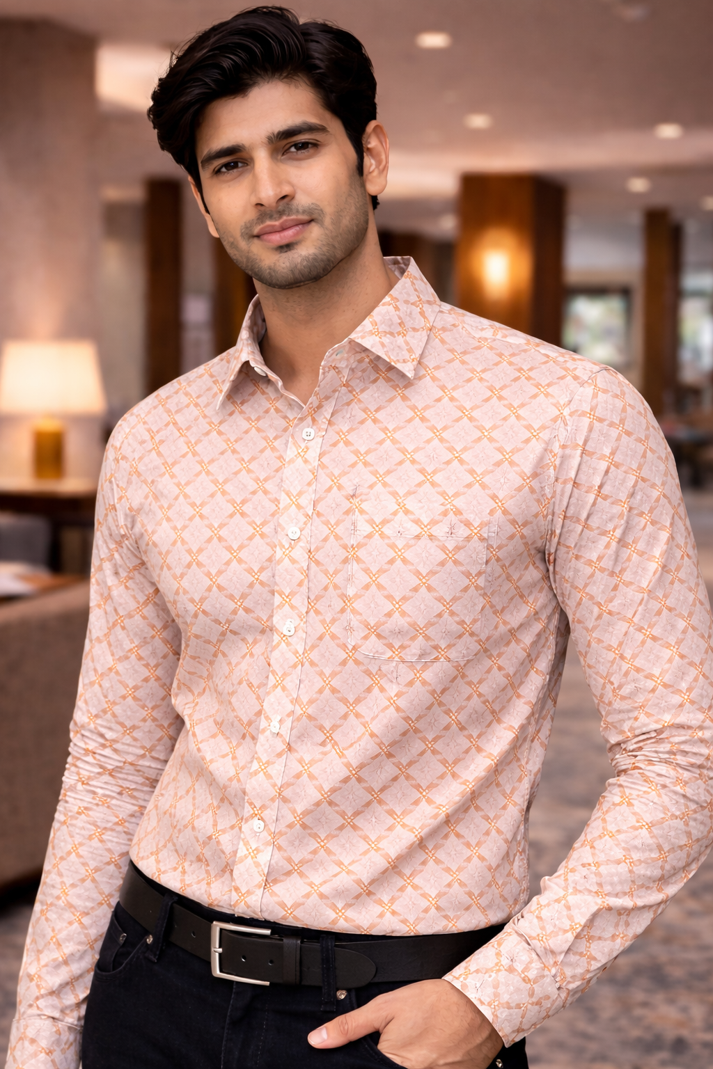 Men Orange Printed Full Sleeve Shirt